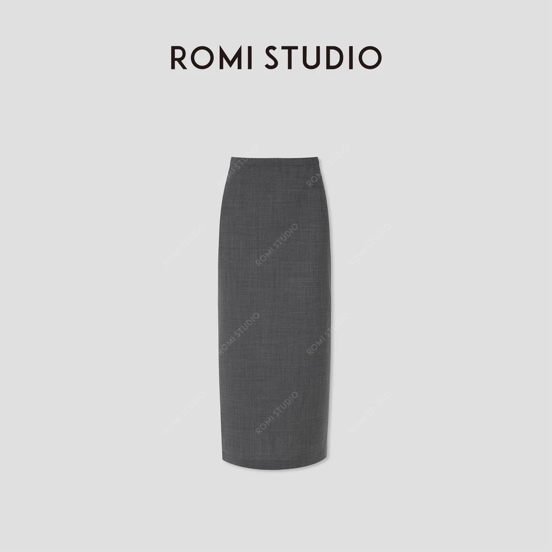 ROMI STUDIO可机洗绵羊毛混纺极简灰色花纱感直筒半裙 RWCSXD2093