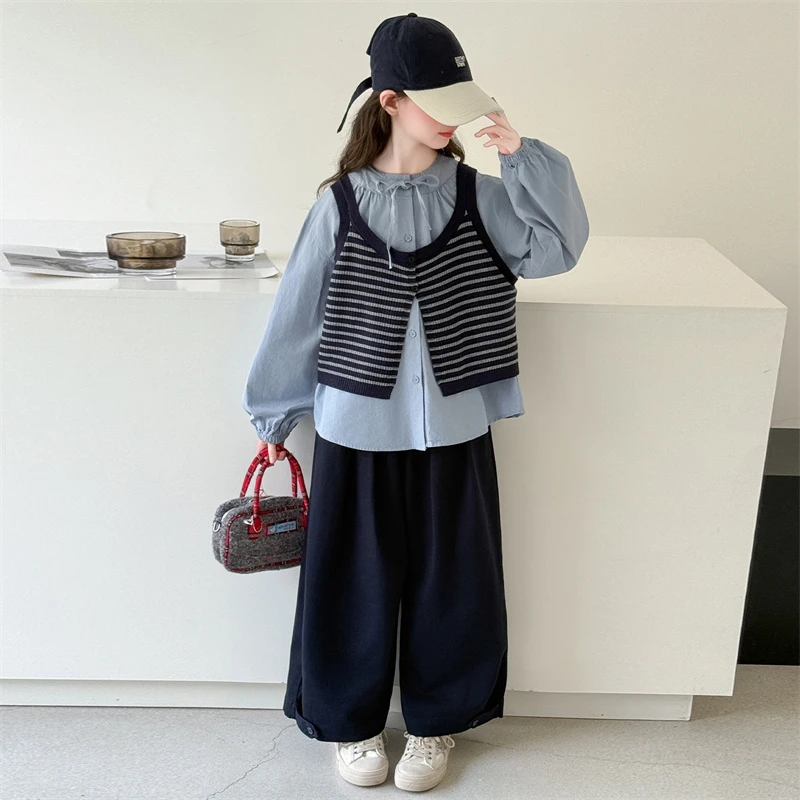 女童秋装套装2025新款女大童春秋季韩系衬衫阔腿裤儿童马甲三件套