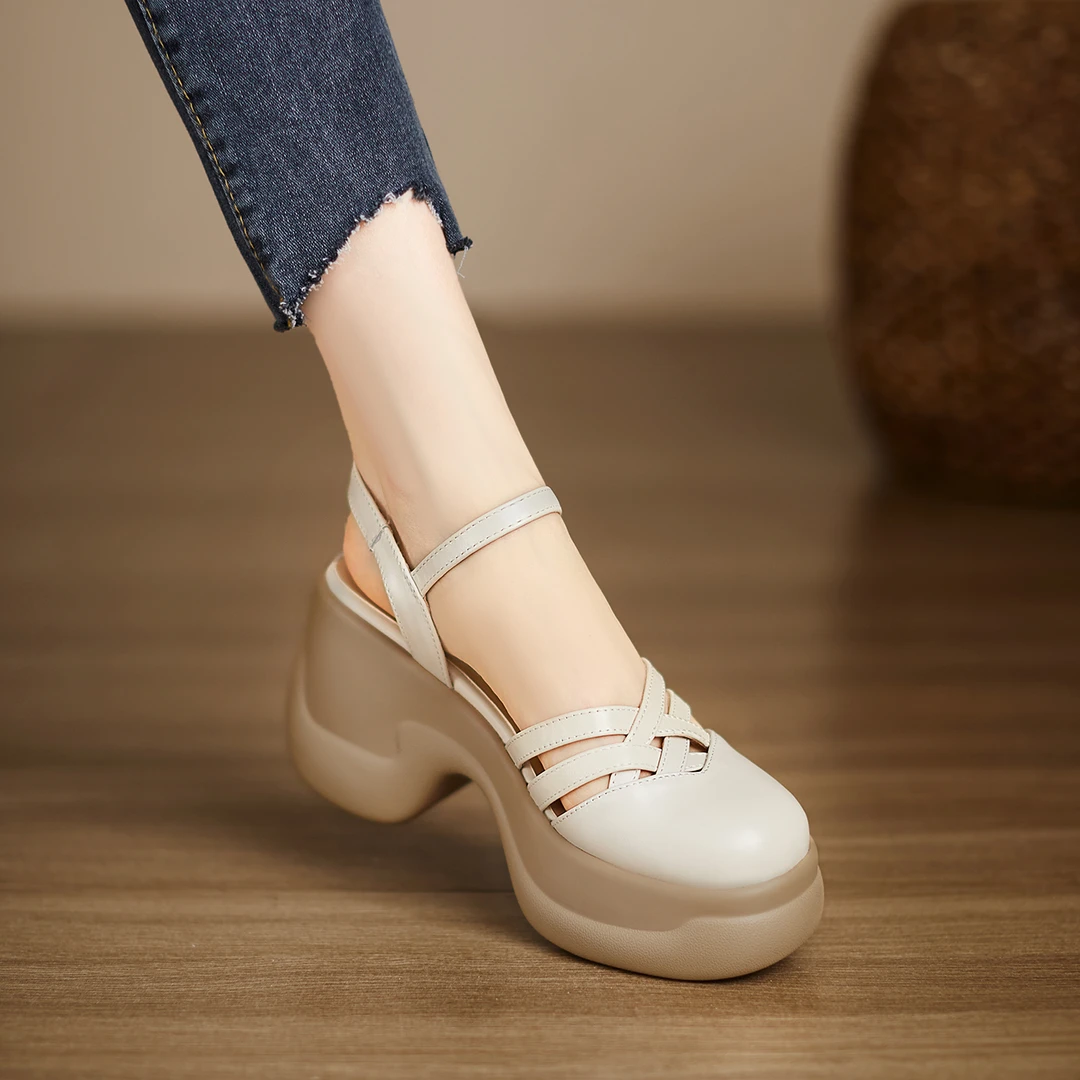 小个子增高9.5cm~真皮镂空编织罗马凉鞋女夏新款厚底高跟凉鞋百搭