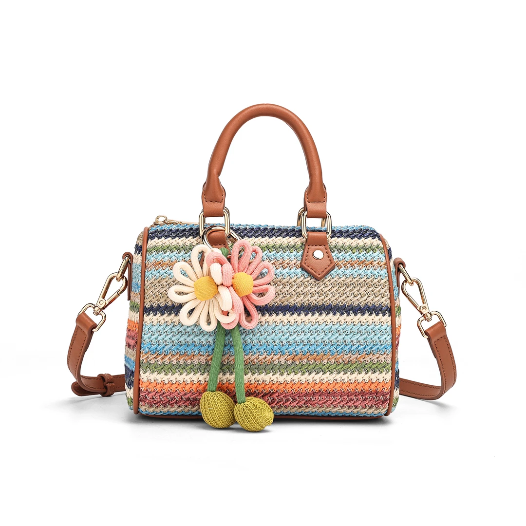 彩虹编织单肩包小熊布朗尼包包手拎包休闲印花波士顿