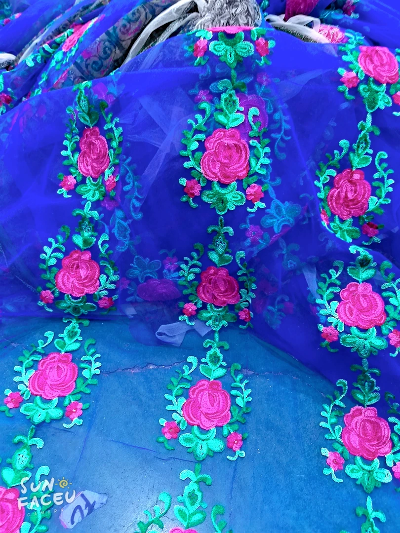 蓝色绣花网纱布料民族风新中式可做衣服连衣裙宽1.2米长2米