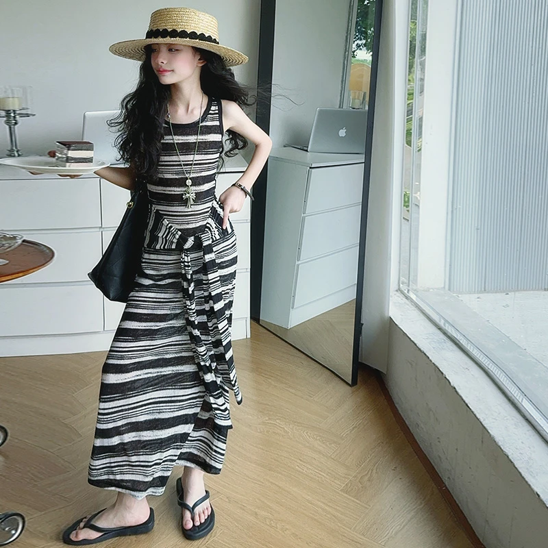 女童条纹连衣裙夏季2025新款儿童背心封腰长裙中大童时尚气质裙子