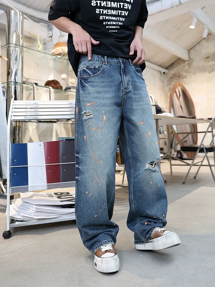 2025时尚巴黎风春夏新款油画泼墨破洞牛仔裤直筒宽松阔腿裤子