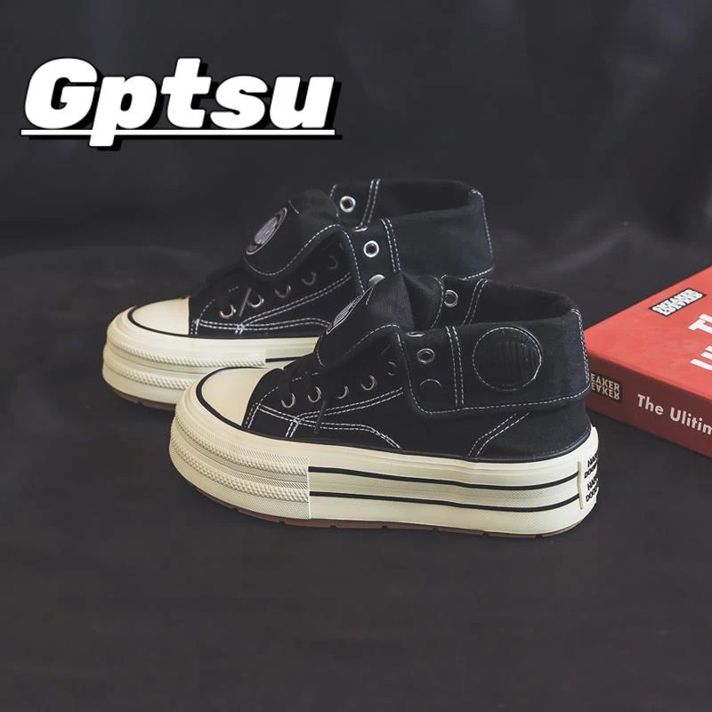 GPTSu新款厚底高筒帆布鞋女时尚小众百搭运动休闲鞋增高板鞋女鞋