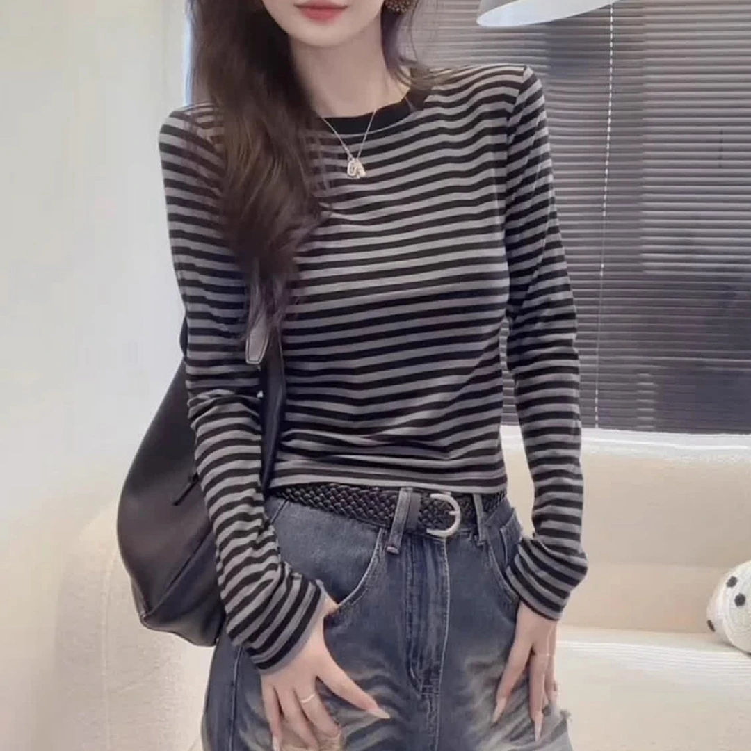 条纹内搭打底衫长袖T恤女2025秋装新款百搭圆领修身显瘦短款上衣
