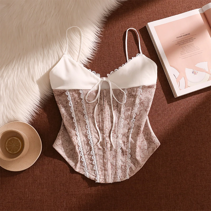 蕾丝拼接吊带背心女夏季外穿设计感小众性感纯欲修身收腰抹胸上衣