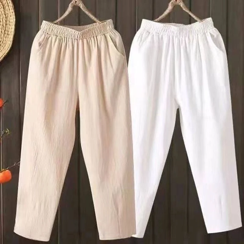 特价棉麻九分哈伦裤文艺纯色宽松口袋显瘦萝卜裤百搭女亚麻休闲