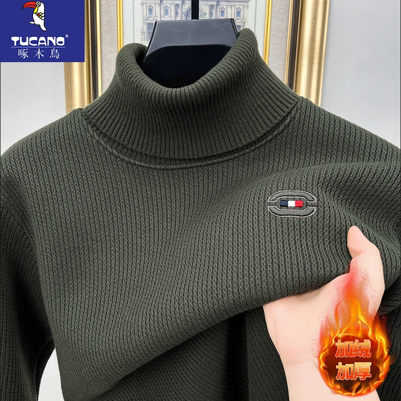 啄木鸟男士加厚加绒毛衣冬季翻高领保暖打底衫休闲时尚百搭针织衫