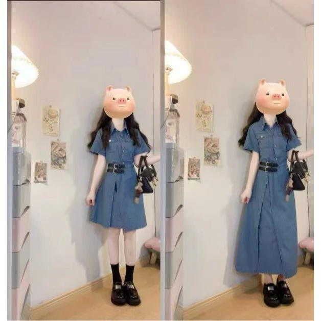 2025大码夏季新款女装牛仔假两件连衣裙一片式遮肉收腰显瘦裙1601