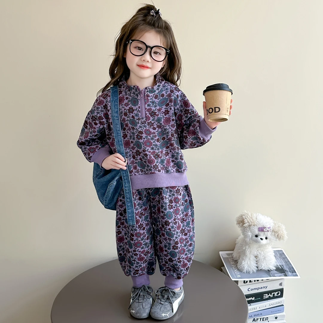 女童印花长袖套装春秋款小女孩韩版女宝宝卫衣休闲两件套韩版儿童