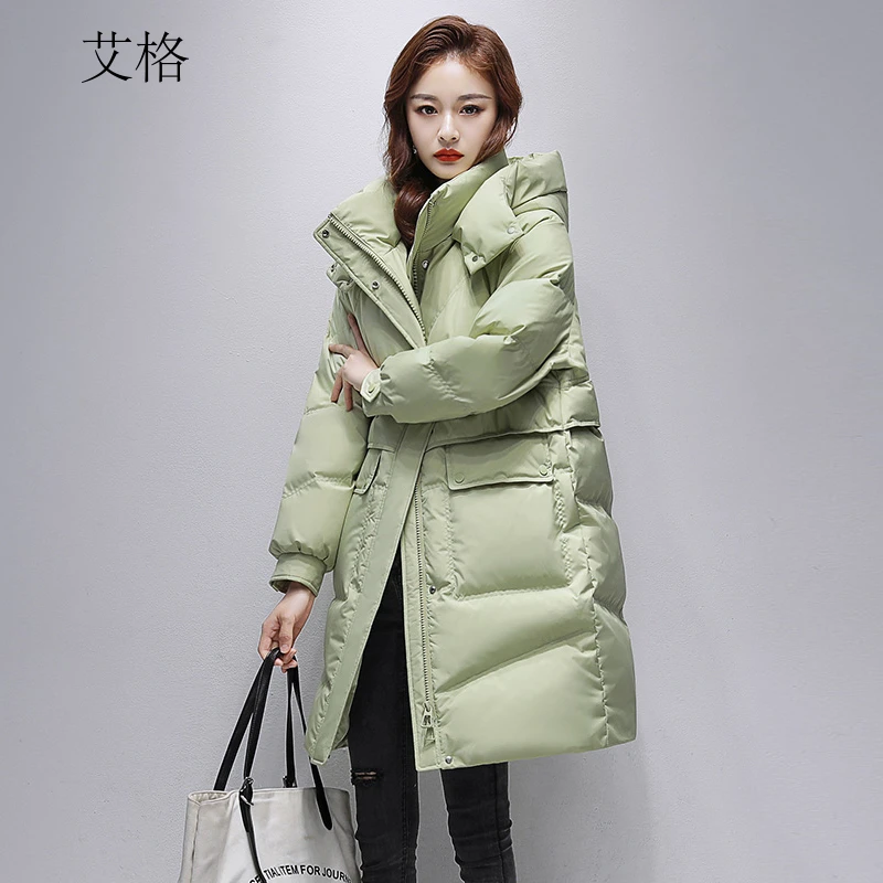 艾格中长款羽绒服女2024年冬季新款时尚宽松连帽加厚保暖冬装外套