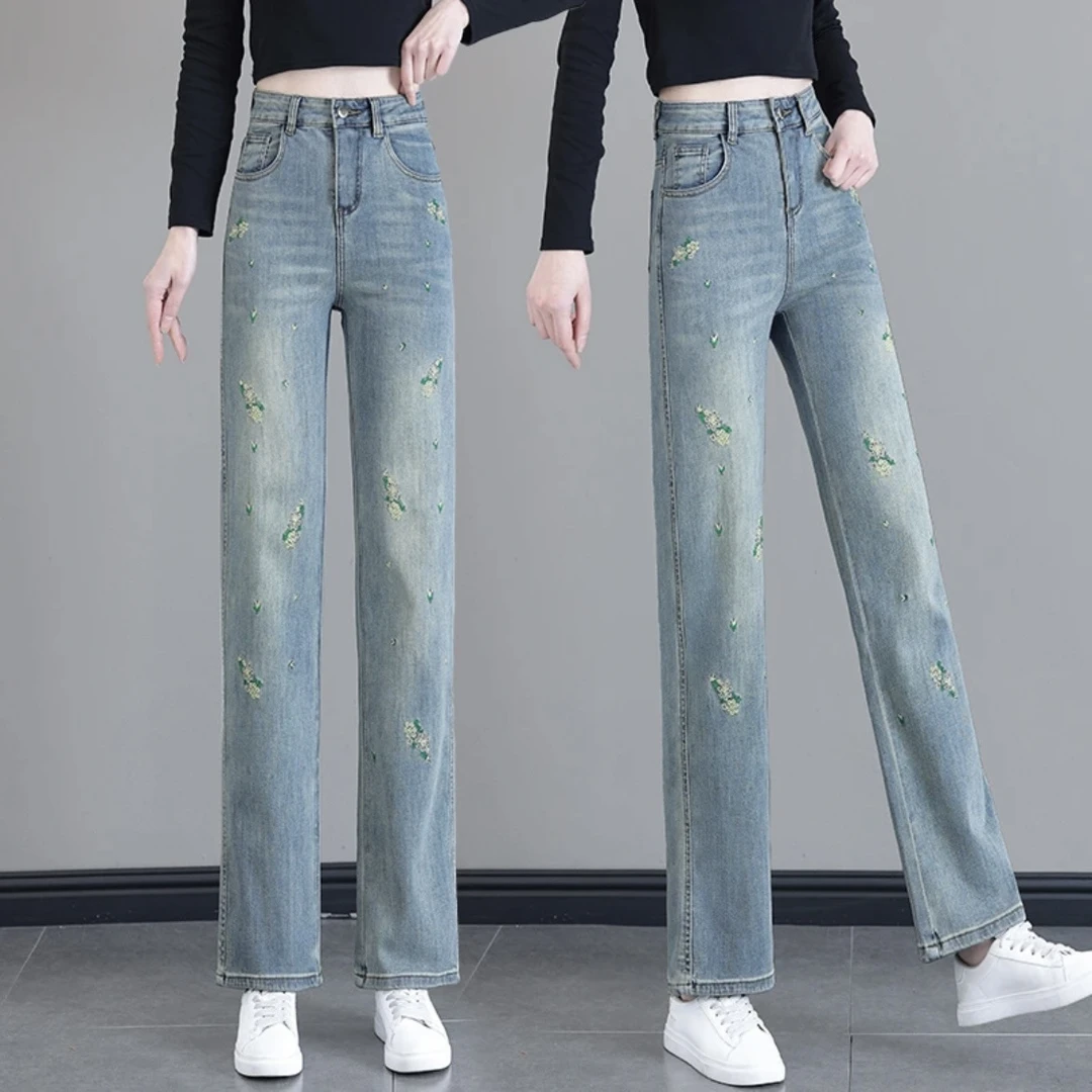 中式国风刺绣窄版阔腿牛仔裤女春秋季新款复古高腰宽松显瘦直筒裤