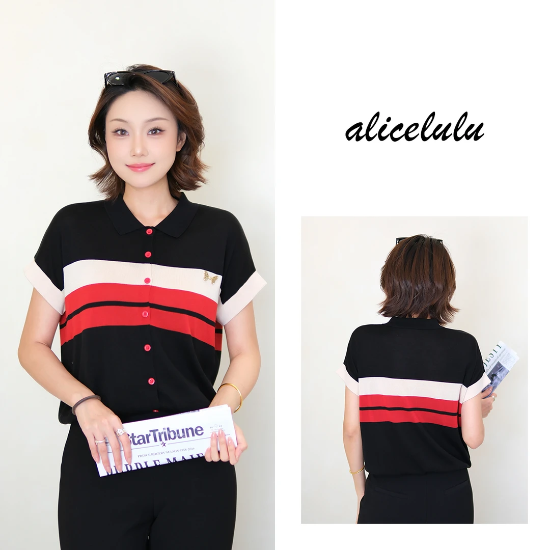 alicelulu 针织短袖polo衫时尚设计感拼色S1035152T