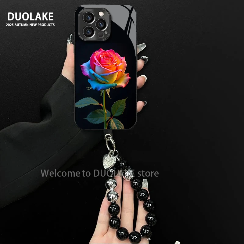 彩色玫瑰适用苹果vivo华为oppo小米iPhone17电镀玻璃防摔手机壳潮