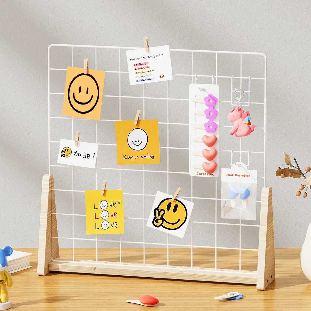 网格展示架用于幼儿园作品及饰品照片桌面展示铁艺支架实木底座