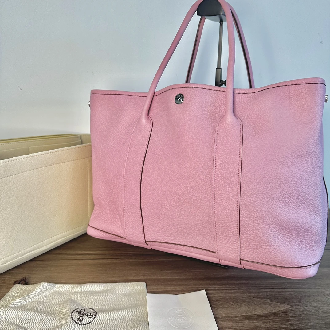 95新 Hermes/爱马仕 樱花粉银扣花园36手提包 41758