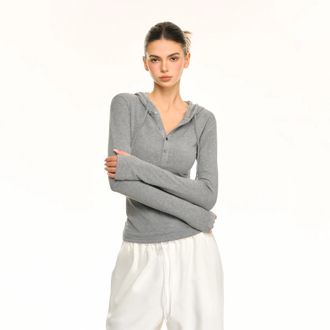 CLIMAX VISION轻柔舒弹/经典亨利领修身显瘦针织连帽长袖T恤女款