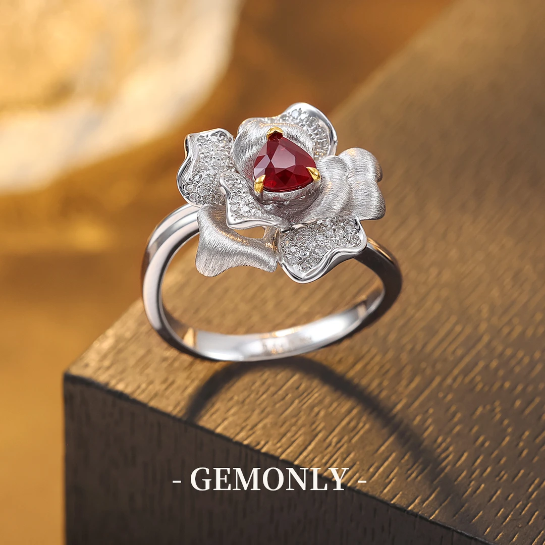 GEMONLY｜18K金无烧天然红宝石戒指0.61ct优雅花卉玫瑰花设计