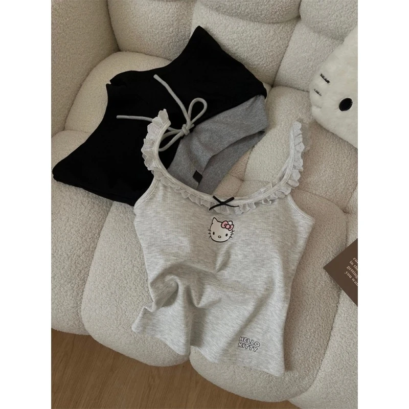 【小众Kitty猫】韩系甜美花边吊带睡衣套装女简约字母带胸垫家居服