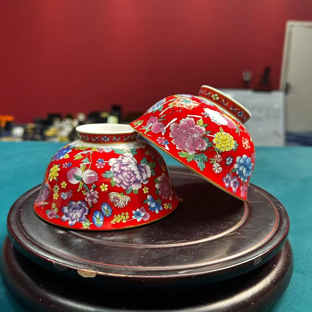 GQ0067-1珐琅彩万花碗红底/二件