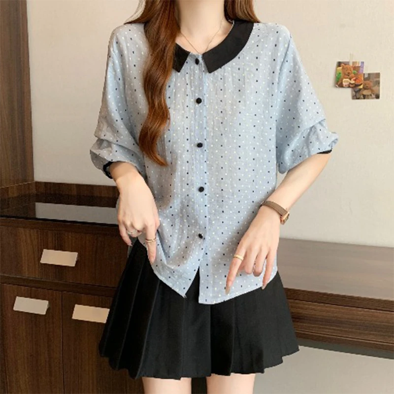 大码女装胖mm法式波点短袖雪纺衫2025夏季遮肚娃娃领正肩衬衫上衣