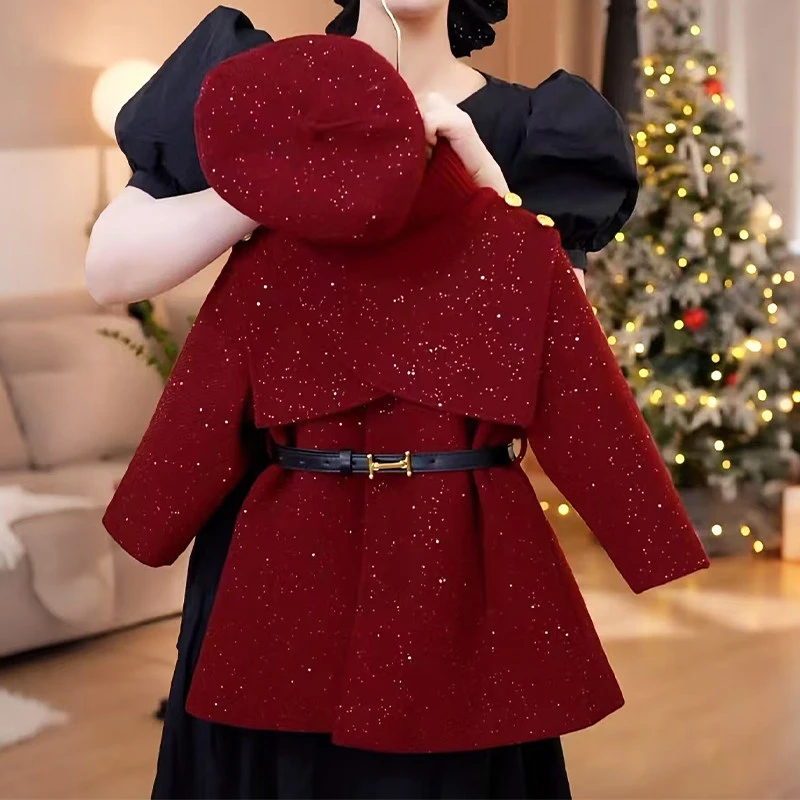 女童冬季加绒呢大衣2026新款儿童洋气加厚外套女孩冬ys红色拜年服