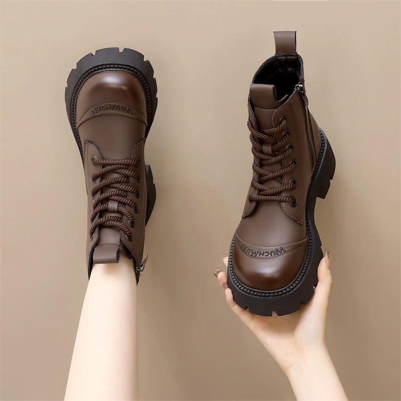 【澳门专柜正品】棕色复古风真皮马丁靴女新款春秋单靴英伦风时尚