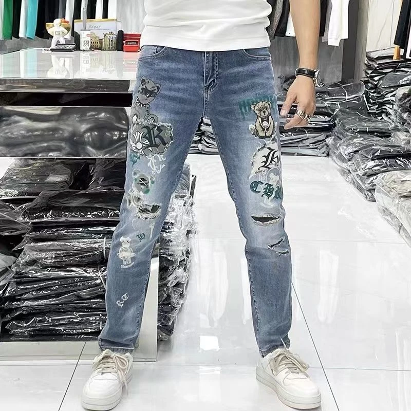 2025夏季新款九分裤修身小脚牛仔裤男潮流百搭欧洲站潮牌小熊长裤