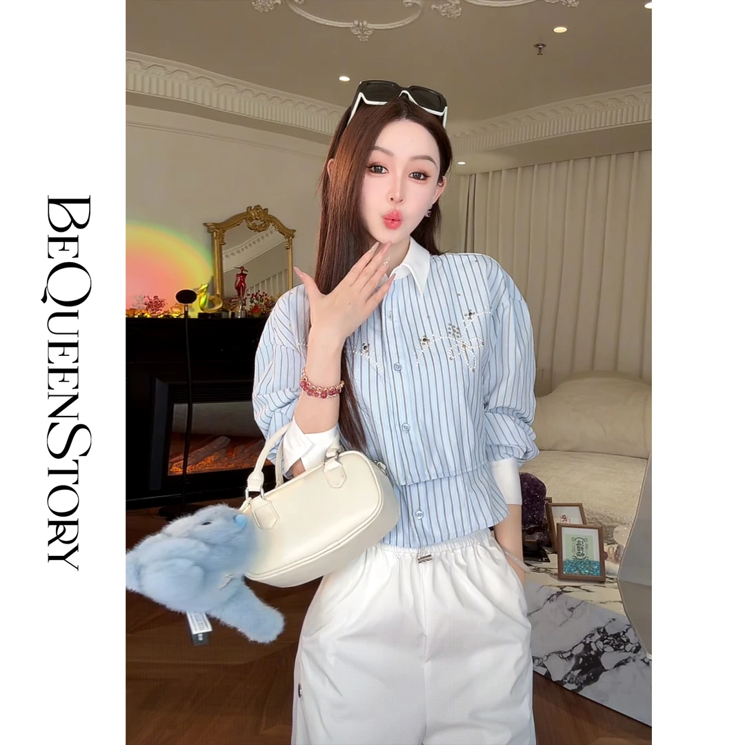 余潇潇【法风假日】棉混纺条纹褶皱翻领假俩件衬衫&中长款宽松衬衫