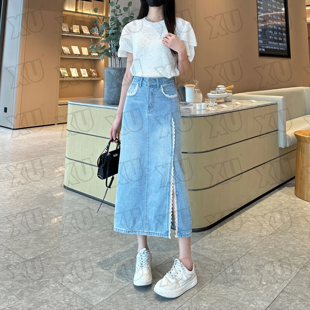 蕾丝花边牛仔裙半身裙女中长款A字裙新款春季高腰裙子7491 Q