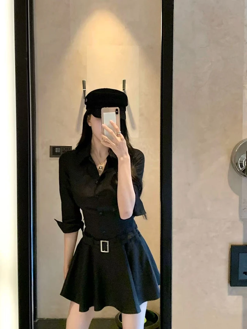 梦梦 MENGMENG｛新款气质收腰系带修身衬衫百褶连衣裙}