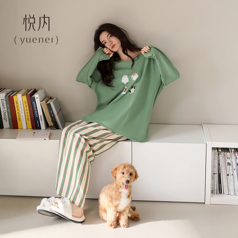 悦内睡衣女春秋款秋季长袖纯棉家居服大码圆领套头可外穿卡通印花