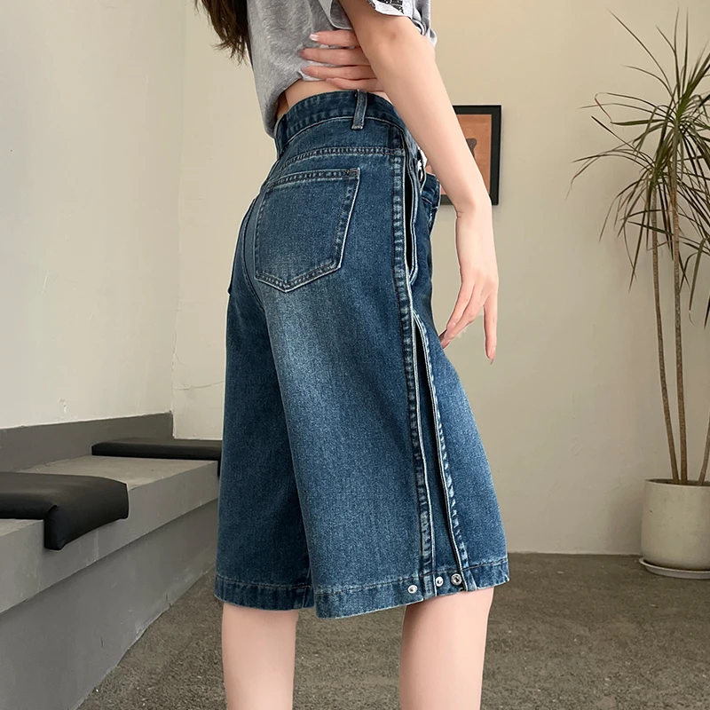 过膝五分阔腿牛仔短裤女夏季薄款梨型显瘦不吸腿宽松小个子六分裤