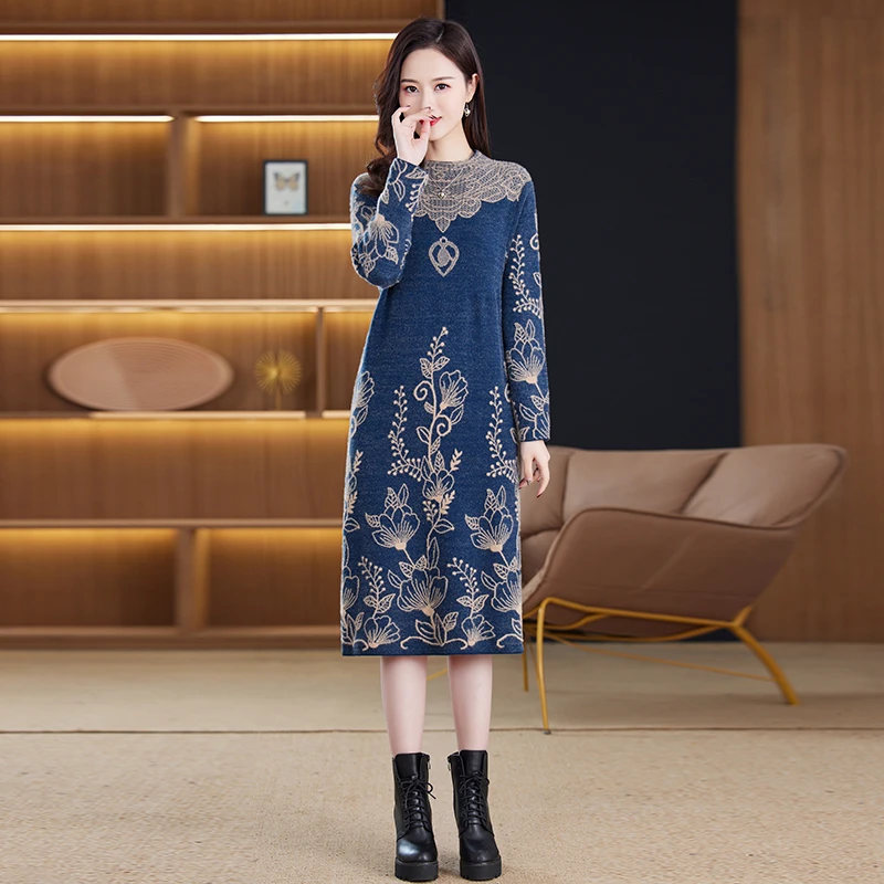 洋气高档针织连衣裙长袖女秋冬打底衫2025新款秋冬季显瘦毛衣裙子