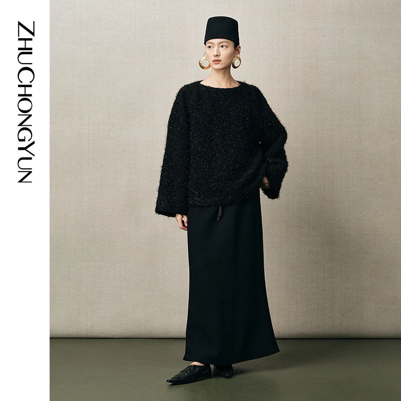 【刘芳菲同款】ZHUCHONGYUN2025冬拼接腰头半裙绑带裙子C1FZ43162