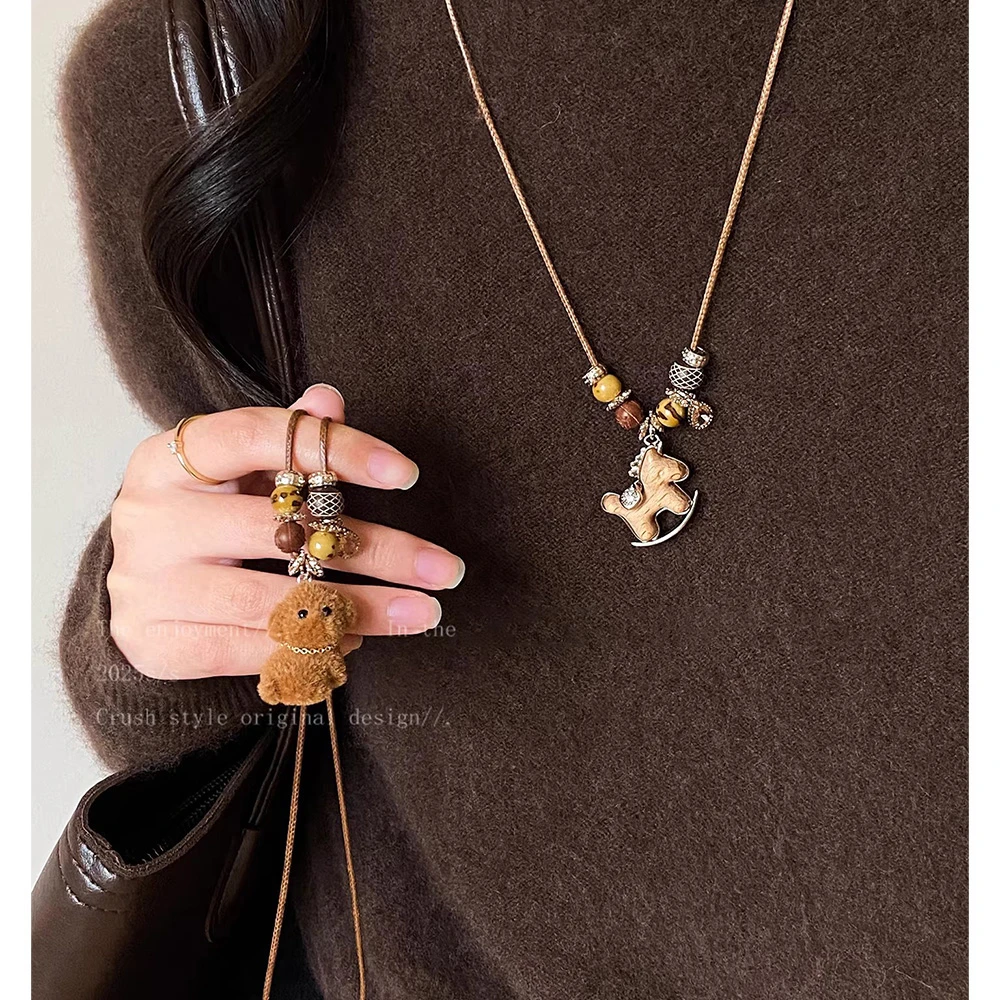 非金属布艺项链 复古木质小马可爱小熊串珠项链女秋冬长款毛衣链