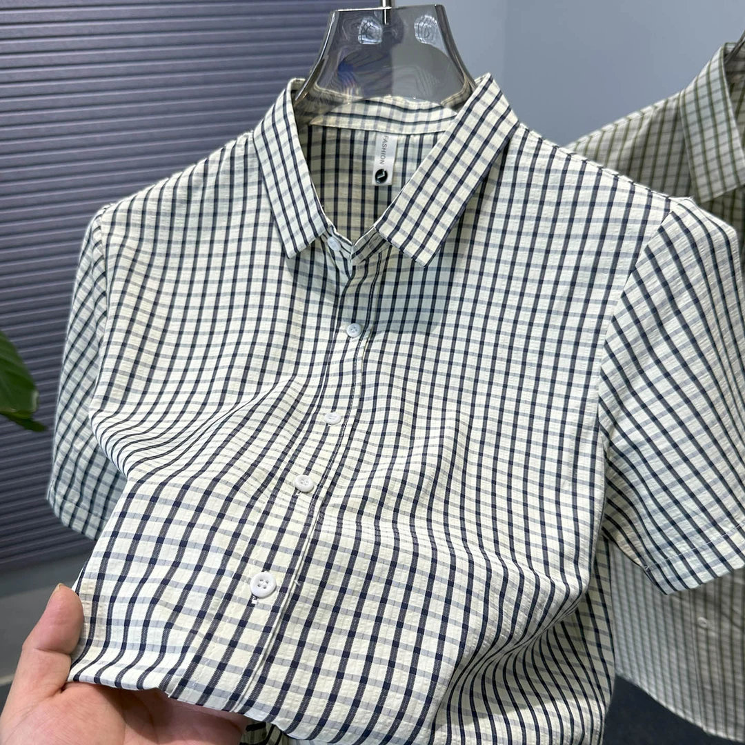 VIATEMSIARY高端经典小格子短袖衬衫男士商务休闲潮流百搭衬衣夏