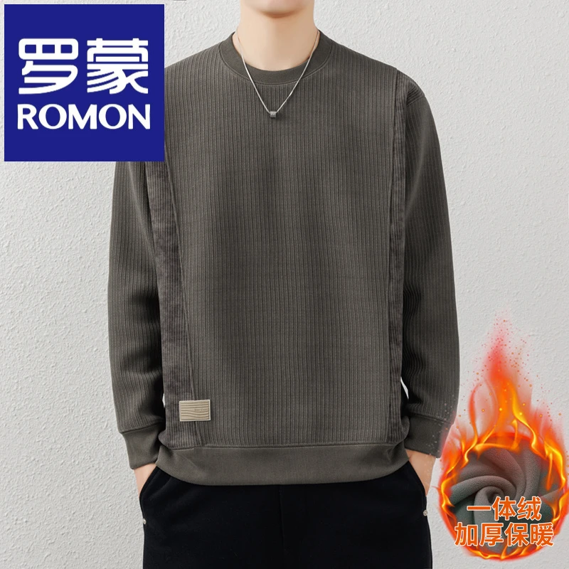 罗蒙2025高端潮牌一体绒男毛衣秋冬款加绒加厚保暖内搭打底针织衫