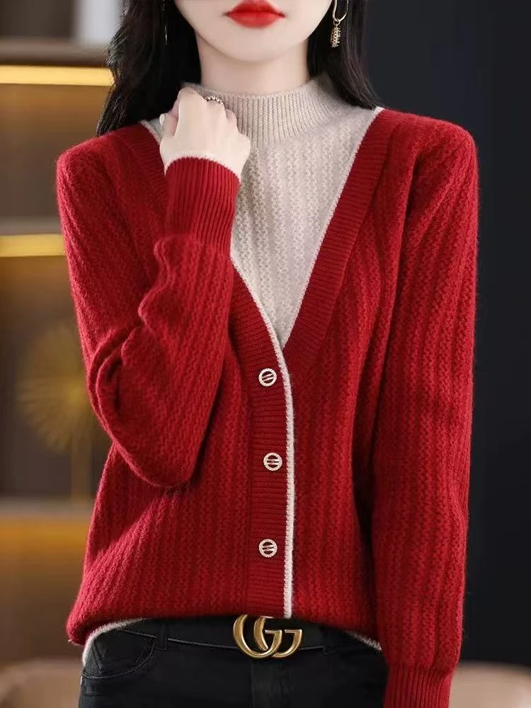 红色【绞纹拼色假两件】秋冬新款加厚加软细毛密熊针织假两件