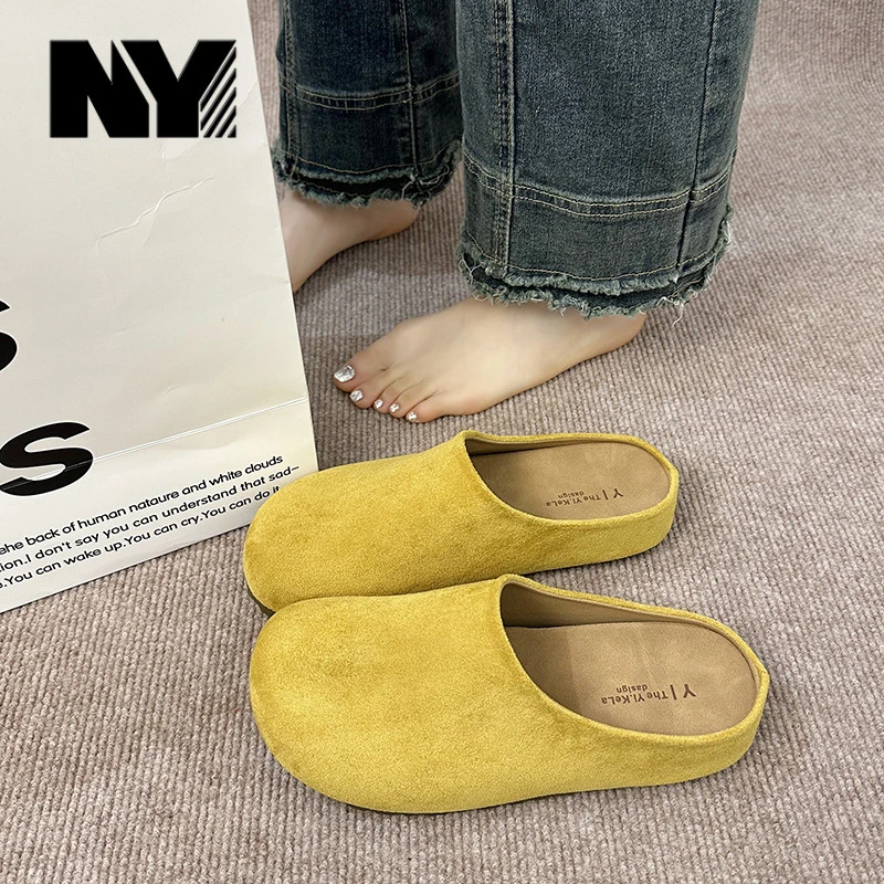 NY品牌包头纯色浅口单鞋女2025新款方头复古凉拖鞋简约时尚防滑鞋