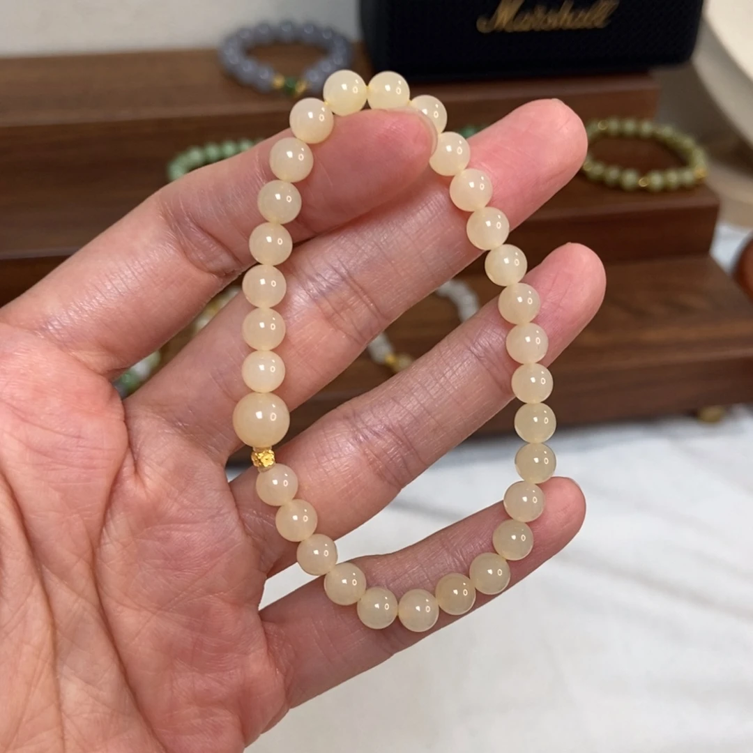 和田玉18K金镶嵌手链6mm橘粉
