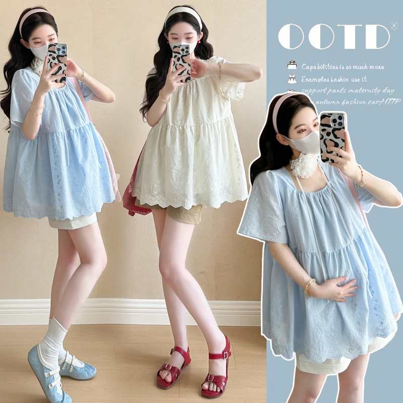 高级感孕妇套装夏季2025新款气质蕾丝刺绣减龄孕妇娃娃衫上衣短裤