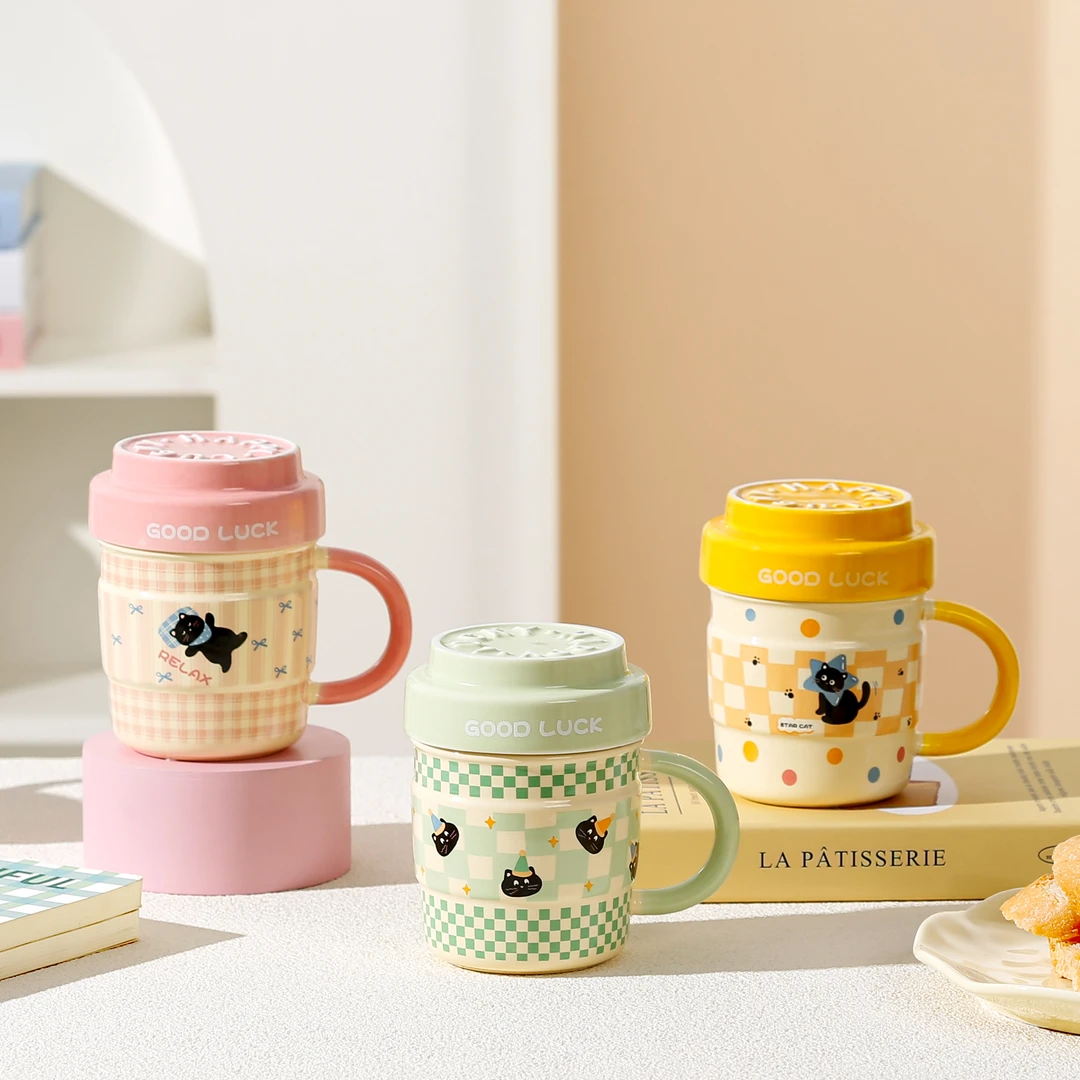 可爱猫咪陶瓷杯高颜值女生带盖马克杯家用大容量喝水杯情侣伴手礼