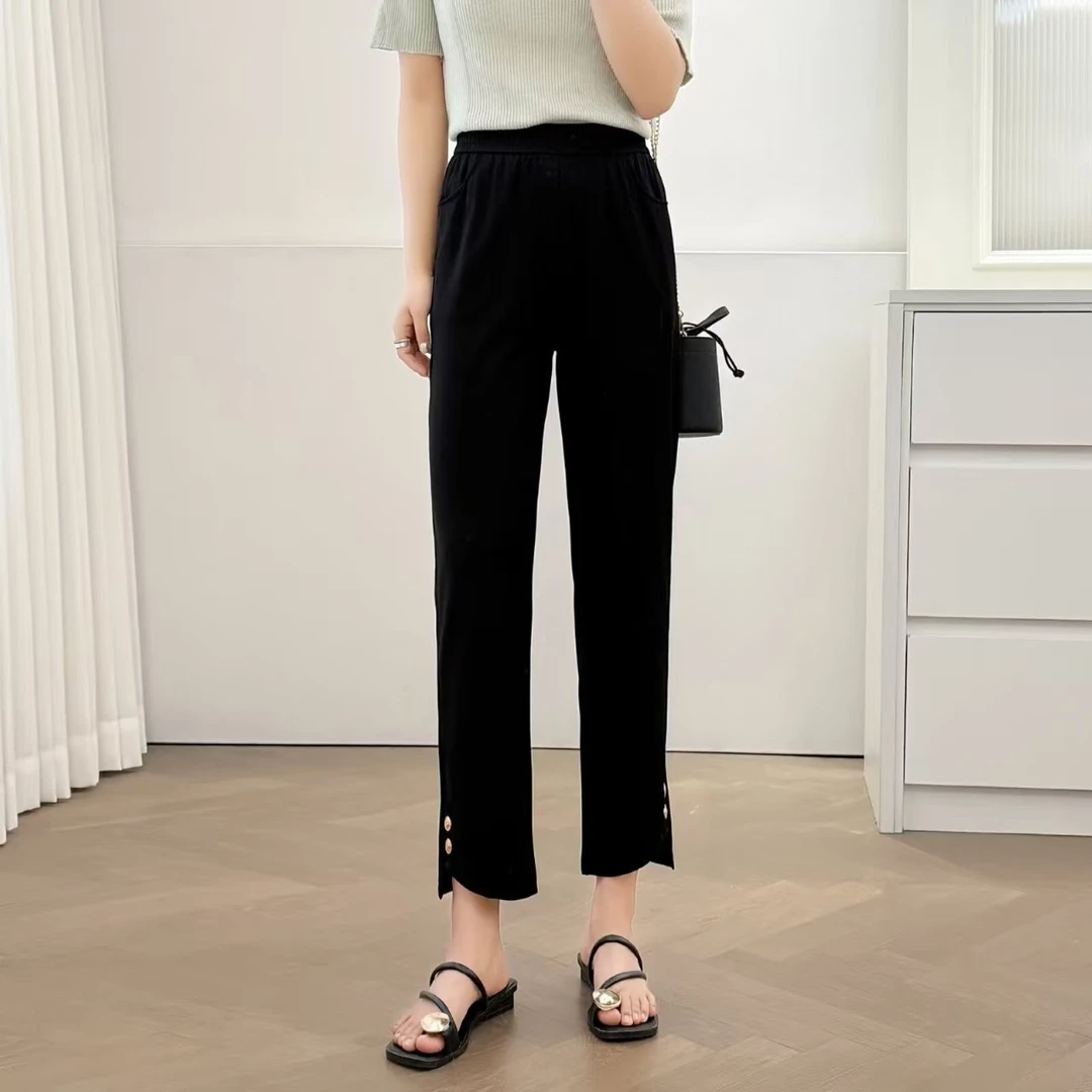 大码薄款夏季休闲裤高腰弹力小黑裤女裤显瘦直筒烟管裤5069