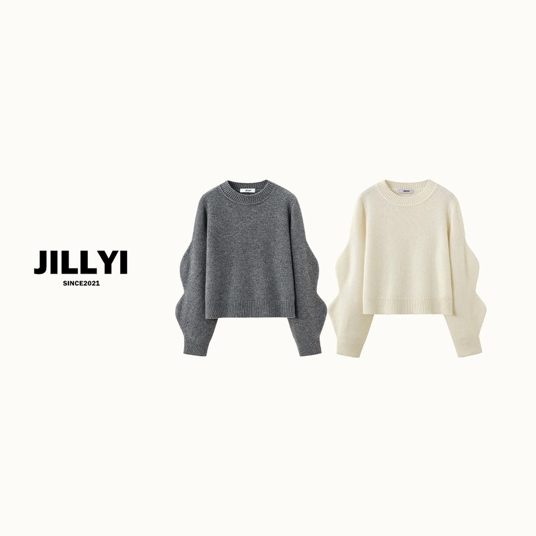 JILLYI【波纹少女】双色圆领波纹袖韩版秋季百搭时尚针织衫