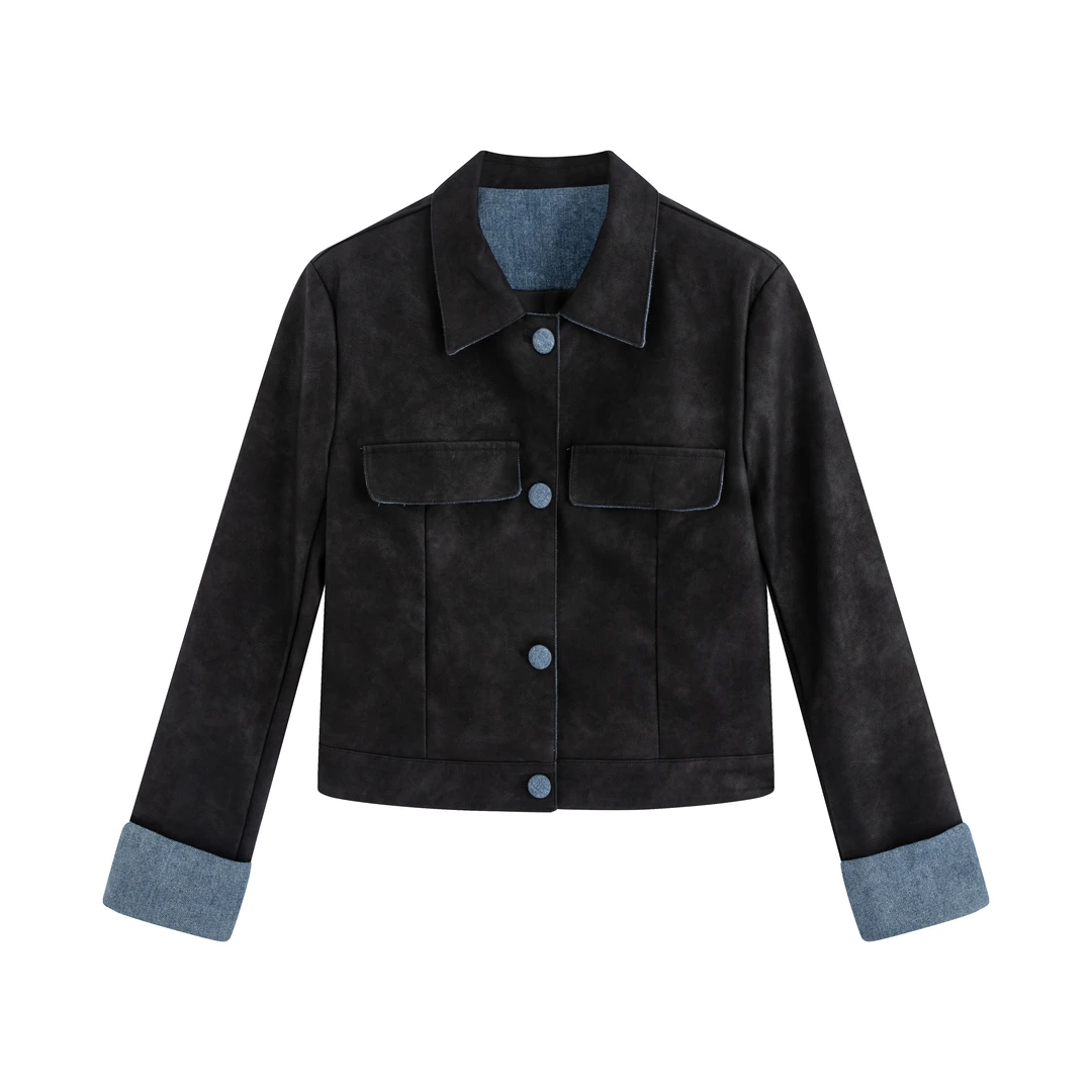 【薇哥专属】新款韩版设计感拼色皮衣外套071368