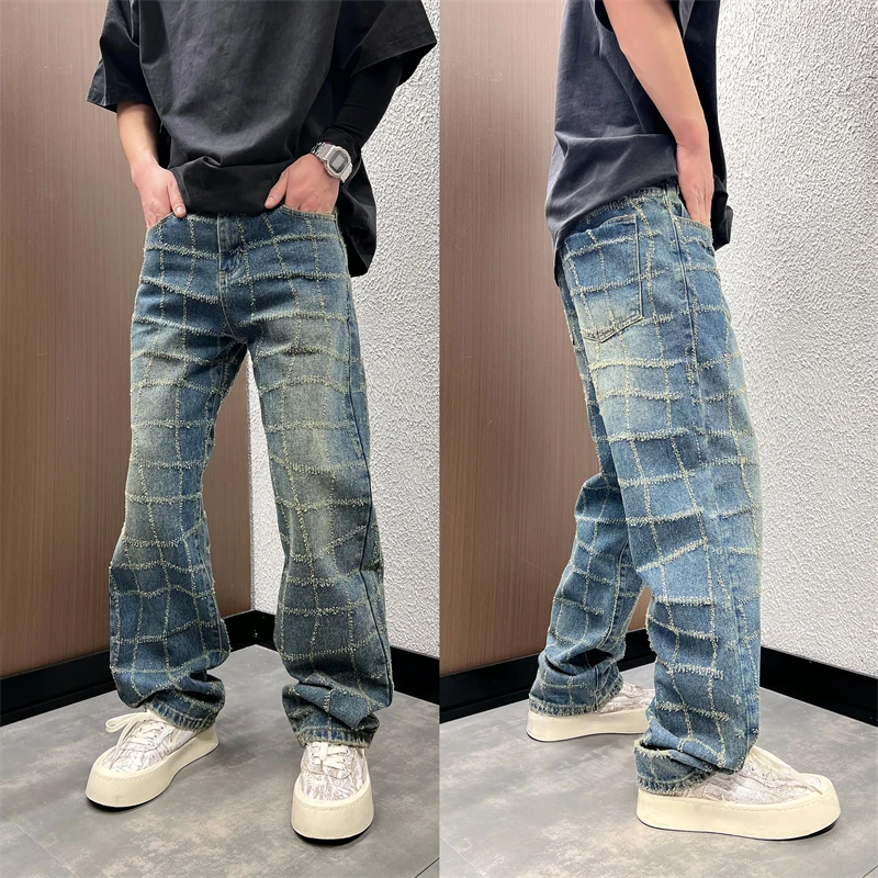 2025春季潮男宽松牛仔裤港风复古时尚阔腿弯刀裤时尚水洗格子长裤