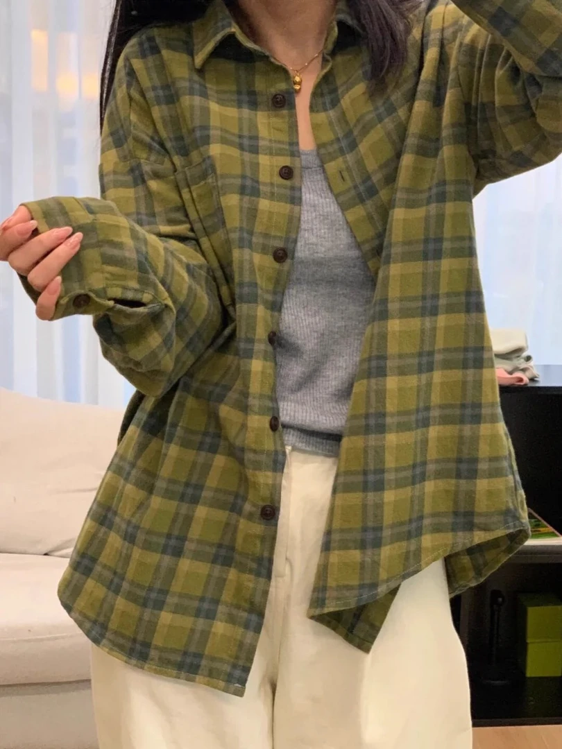 2024早春新款衬衫绿色格子衬衣内搭设计感小众外套高级感长袖上衣