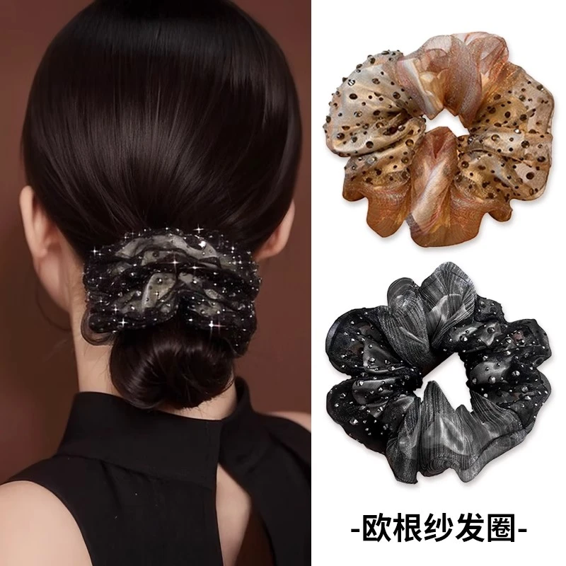 欧根纱韩版发圈满天星镶嵌法式双层水钻甜美气质头花扎头发头绳女