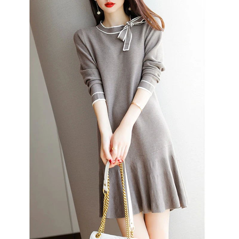 套头款6941小香风名媛淑女蝴蝶结领鱼尾针织裙秋季新款洋气打底连